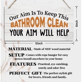 HALUOSI Rustic Wooden Sign, 12 x 6 inches, Our Aim is to Keep This Bathroom Clean, Wall Mount, Brown