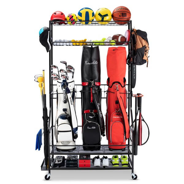 FHXZH Golf Bag Storage Garage Organizer, 3 Golf Bag Stand and Sports Equipment Storage Rack for Garage with Wheels, 4 Hooks, Golf Accessories Storage Rack with Extra Golf Clubs Display Rack