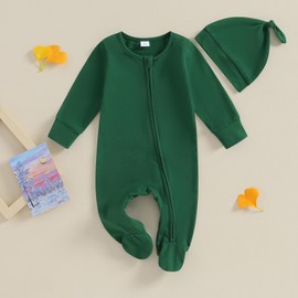 Baby Girls Boys Footed Long Sleeve Zipper Rompers Newborn Infant One-piece Jumpsuit with Hat Sleep and Play Wear (Green, 0-3 Months)