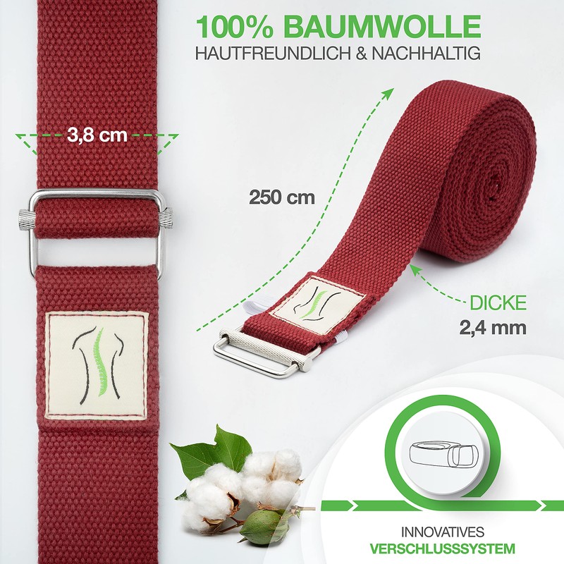 BACKLAXX ® Cotton Yoga Strap (Red) - Sustainable Yoga Accessory