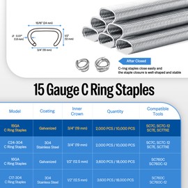 meite 15 Gauge 3/4" Hog Rings, Galvanized Hog Ring Staples for SC7C, SC7C-I2 Hog Ring Stapler, C Ring Staples for Mattress Springs, Seat Assembly, Wire Cages (10,000 Counts)