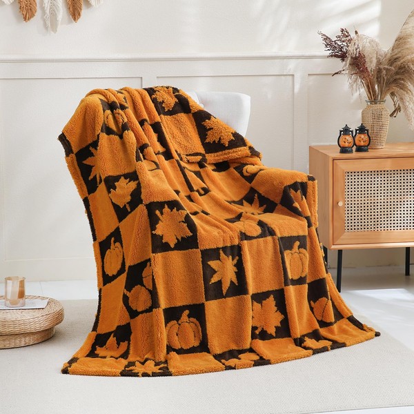 SOCHOW Fall Decor Jacquard Throw Blanket, Fuzzy Soft Warm Pumpkin
