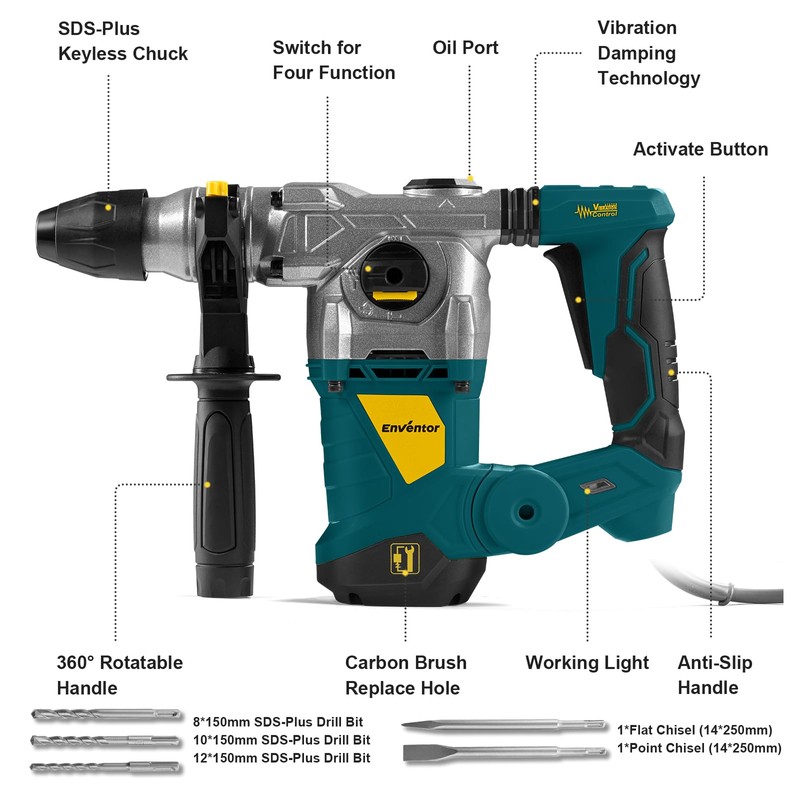 Enventor 1-1/4 Inch SDS-Plus 12.5A Heavy Duty Rotary Hammer Drill
