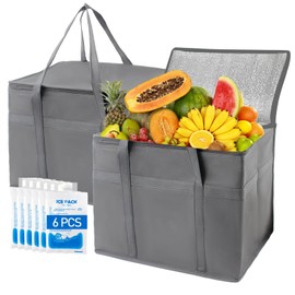 Xiesaip 2-Pack Insulated Grocery Bags with 6×200ml Ice Packs -Reusable Food-Grade Cooler Tote, Foldable Ice Bag, Leakproof Design for Camping, Picnics & Food Delivery (XL Gray 16×13×9 Inch)