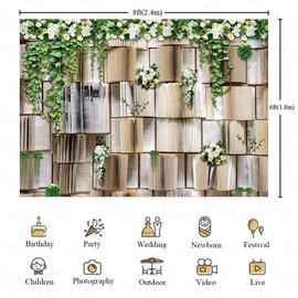 KUKUSOUL 8x6ft Vintage Bookshelf Backdrop Flower Garlend Book Pages Wedding Party Photo Backdrop Baby Shower Graduation Party Photo Studio Background KUBDJ727