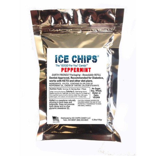 ICE CHIPS Xylitol Candy in Large 5.28 oz Resealable Pouch; Low Carb & Gluten Free (Peppermint)