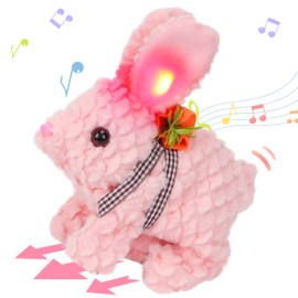 Hopearl Hopping Rabbit with LED Ears Carrot Backpack Interactive Plush Bunny Toy with Sounds Animated Walking Wiggle Light up Ears Twitch Nose Gift for Toddlers, Pink, 7''