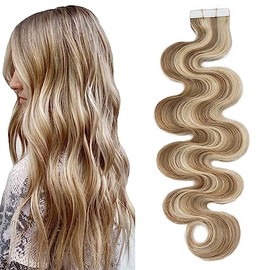 SEGO Tape in Hair Extensions Wavy 22 Inch Balayage 100% Remy Human Hair Real Seamless Skin Weft Invisible Rooted Double Sided Tape Hair for Women 20pcs 50g -Golden Brown&Bleach Blonde Body Wave