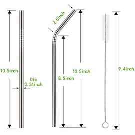 Set of 10 Stainless Steel Straws, HuaQi Bent Reusable Drinking Straws 10.5'' Long 0.24‘’ Dia for 30 oz Tumbler and 20 oz Tumbler, 2 Cleaning Brush Included