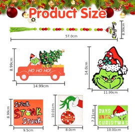 Grinch Tray Decoration, 6 Pieces Grinchs Christmas Wooden Signs Tray Ornaments, Grinch Christmas Tray Decor Set, Grinch Christmas Tray Decoration, for Home Table Party Accessories