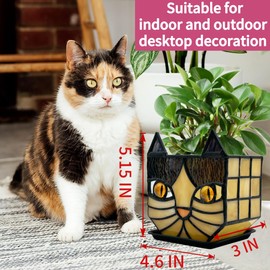 Entlityful Yellow Cat Plant Pot with Drainage,Cute Planters for Indoor Plants,Stained Glass Cat Flower Pots,Fun Candle Holder Glass Container,Gifts for Gardeners Woman