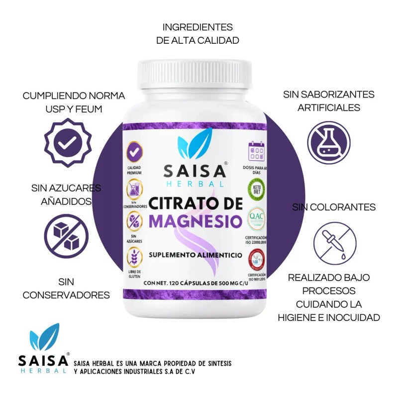 Citrato Magnesio 120 Cápsulas 500 Suplemento Alimenticio Alta Biodisponibilidad Saisa