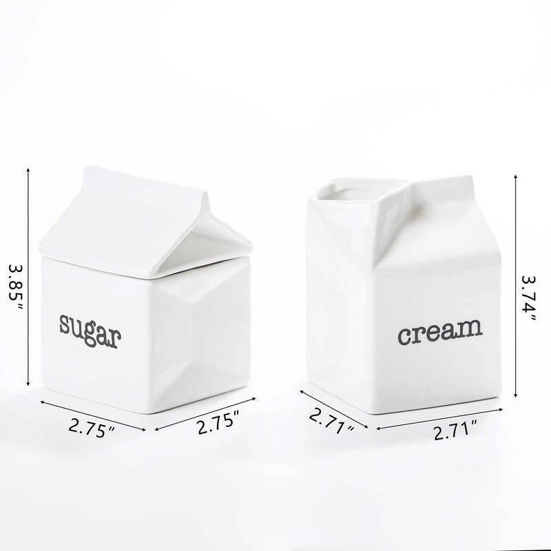 Ceramic Sugar and Creamer Set, Milk Carton Shaped White Cream