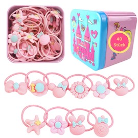 Hair Bobbles for Girls in a Metal Box, Small Hair Ties, Kids Hair Accessories, Thin Hair Bands, Elastic Hair Bands with Cute Cartoon Characters (40 Pieces Pink Beach with Metal Box)
