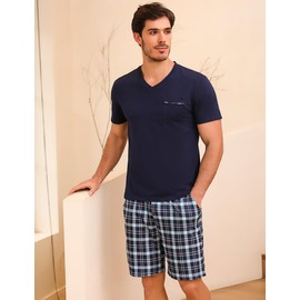 Bresdk Men's Pyjamas Short Cotton Summer Set for Men Sleepwear Checked, Blue01 M216