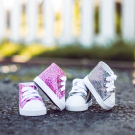 THE QUEEN'S TREASURES 18" Doll Clothes, Shoes, and Accessories, 2 Pair of American Style Glitter High-top Sneakers and Shoe Boxes. Compatible with Girl Dolls.