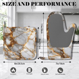 Manoplas de horno y soporte para ollas resistentes al calor de mármol de oro blanco, guantes de microondas de cocina antideslizantes de silicona para cocinar hornear y asar