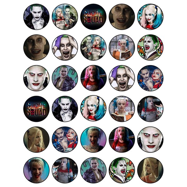 30 x Edible Cupcake Toppers Themed of Harley Quinn Collection of Edible Cake Decorations | Uncut Edible on Wafer Sheet