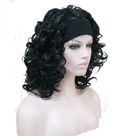 Aimole 16 Inches Short Curly Hair Black Wigs Women's Wig 3/4 Half Wig with Black Headband (1-Black)