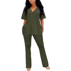 acelyn Womens 2 Piece Outfits Basic V Neck Oversized Tops Shirt Flared Pants Tracksuits Resort Wear Matching Clothing Sets Army Green