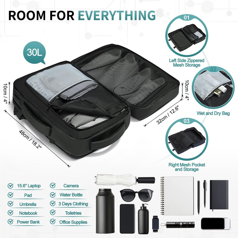 SUIKIHUM Lay Flat Carry on Travel Backpack, 30L Airline Approved,