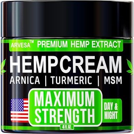 Hemp Cream Maximum Strength with Glucosamine, Arnica, Turmeric, MSM - Natural Hemp Oil Gel Rub - Fast Absorption, Non-Greasy - Advanced Formula - Formulated in USA - Menthol Scent - 4 FL OZ