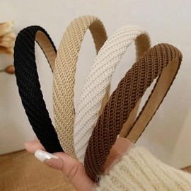 ASOMI 4 Stück Stirnbänder für Damen, dünn, gestrickt, modisch, rutschfest, für Damenhaar, süße, einfarbige Haar-Accessoires (Schwarz, Khaki, Kaffee, Cremeweiß)