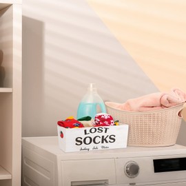 Lost Socks Basket Lost Socks Sign Farmhouse Laundry Room Decor and Accessories Lost Socks Bin Laundry Room Decor Laundry Room Storage Organization Hanging Wall Basket for Laundry Room Storage (White)