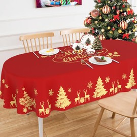 Faptoena Merry Christmas Oval Tablecloth - 60102 inch Golden Deer Christmas Table Cover for Dining Room, Home, Kitchen, Picnic
