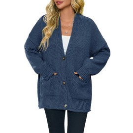 Saodimallsu Womens Chunky V Neck Cardigan Sweater Puff Sleeve Knit Cardigans Button Down Outwear with Pockets 2025 Navy