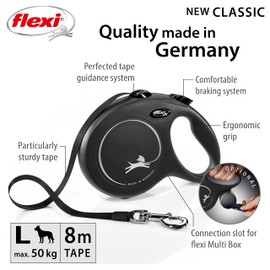 Flexi New Classic Tape Black Large 8m Retractable Dog Leash/Lead for dogs up to 50kg/110lbs