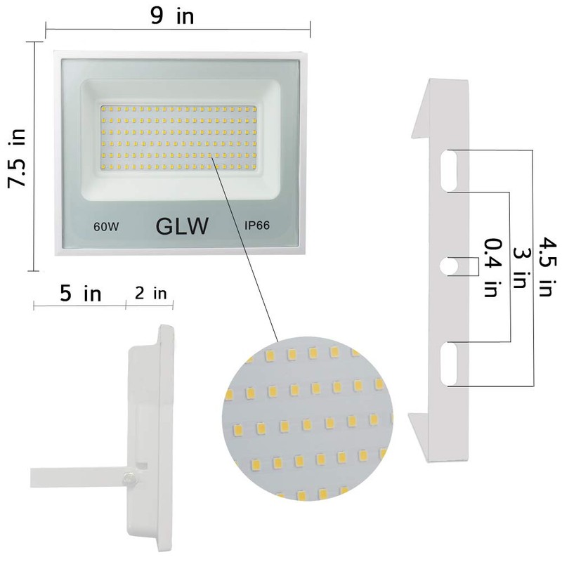 GLW 60W Flood Light Outdoor IP66 Waterproof Security Lights,6000LM 3000K