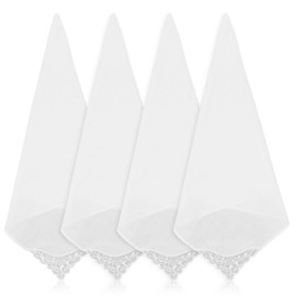 4 Pcs White Soft Cotton Handkerchiefs for Women - 11 inch Embroidered Lace Elegant Square Hankies - Wedding, Funeral, Everyday Carry - Pure 100% Cotton Ladies Hanky Keepsake Gift