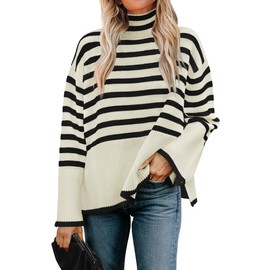 ZESICA Women's 2024 Winter Sweaters Casual Turtleneck Long Sleeve Striped Side Slit Loose Pullover Sweater Jumper Tops,Apricot,X-Large
