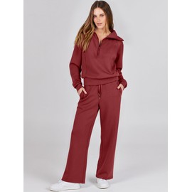 ANRABESS Women 2 Piece Outfits 2025 Fall Fashion Airport Wide Leg Pants Lounge Set Leisure Travel Vacation Clothes Sweatsuits Burgundy Red Small