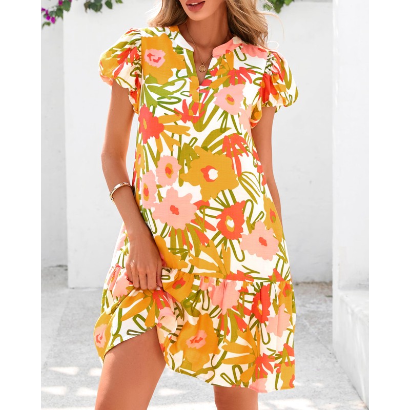 dowerme Womens Summer Dresses 2025 Puffy Sleeve V Neck Loose