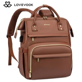 LOVEVOOK  Christmas Vegan Leather Laptop Backpack with USB Port for Women - College, Business, Work, Teacher, Travel, School Backpack - Color: Brown, size: 17.3in