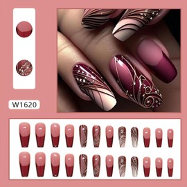 Tyuimhx Red French Tip Press on Nails Medium Coffin Fake Nails Flowers Line False Nails Full Cover Stick on Nails Acrylic Artificial Nails for Women Glue on Nails 24Pcs