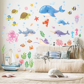 DECOWALL DS12-8081 Under The Sea Wall Stickers Ocean Fish Seaweed Decals Turtle Jellyfish Removable for Kids Baby Bedroom Nursery Living Room Art Home décor Bathroom Decoration