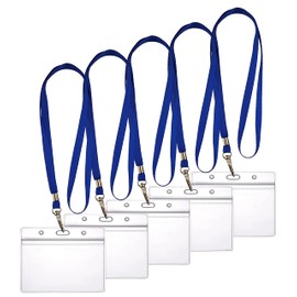 WEBBOMB Set of 5 x ID Card Holder Zip Card Holder Flexible Horizontal Waterproof for 1-2 ID Cards Name Badges ID Card Protective Cover Transparent + 360° Lanyard Blue