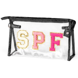 AsodSway Preppy SPF Cosmetic Bag - SPF Chenille Varsity Letter Clear Toiletry Bag Summer Aesthetic Waterproof Portable Makeup Bag Transparent PVC Zipper Clutch Purse Beach Bag for Women Girls (Black)