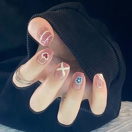 24 Pcs Press On Nails Short, Fake Nails Almond Glue On Nails, False Nails With Glue, Square Press On Nails Pink Nail Art Manicure Decoration Fake Nails Acrylic Nails for Women And Girls