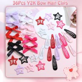 SAWINDA 36Pcs Pink Mini Bow Hair Clips 6 Color Water Drop No Slip Hair Clips for Women White Star Snap Hair Barrettes Black Small Hair Bows Star Bowknot Hair Accessories for Girls