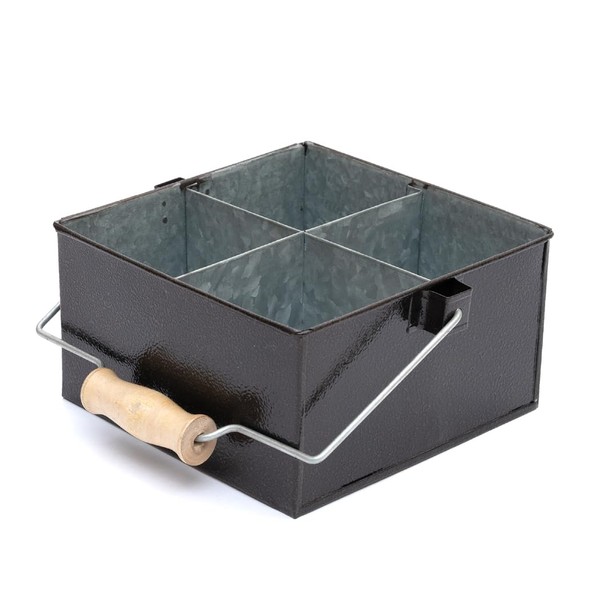 Galvanized Metal Caddy 4 Compartments With Wooden Handle, Flatware Organizer,