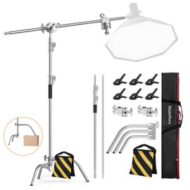 Huzofexo Heavy Duty C Stand with Boom Arm 10.8ft/330cm, Stainless Steel Photography Light Stand with Lifting Leg & Holding Arm for Studio Reflector, Monolight, Softbox