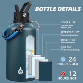 BJPKPK 2/3 Gallon Water Bottle with Straw Lid, 50oz, 64oz, 87oz, 128oz Large, Stainless Steel Water Bottles with 3 Lids and Paracord Handle, Double Wall Vacuum Metal Jug, Navy Blue