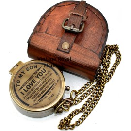 AASIYA Brass Chain Compass with Leather Case for Hiking to My Son Engraved Camping Pocket Compass Nautical Vintage Navigation Outdoor Compass Gift for Son