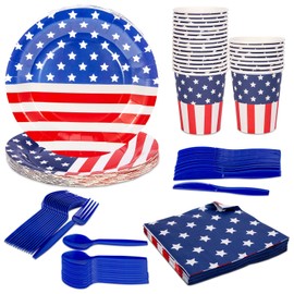 144 Pcs Patriotic Party Supplies Set - Includes 24 Plates, 24 Napkins, 24 Paper Cups and 72 Plastic Utensils - 4th of July Celebration Dinnerware