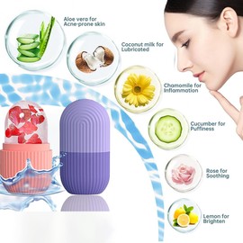 2Pcs Rodillo de Hielo para la Cara,Set de rodillo de silicona y raspador de acero inoxidable, Agarre Antideslizante Rodillos de Hielo para Cara,para Masaje Facial de Ilumina la Piel. (Rosa, Morado)