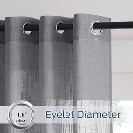 PONY DANCE Set of 2 Linen-Look Curtains, Short, Semi-Transparent, Decorative Voile Curtains with Eyelets, for the Kitchen, H 137 x W 132 cm, Dark Grey